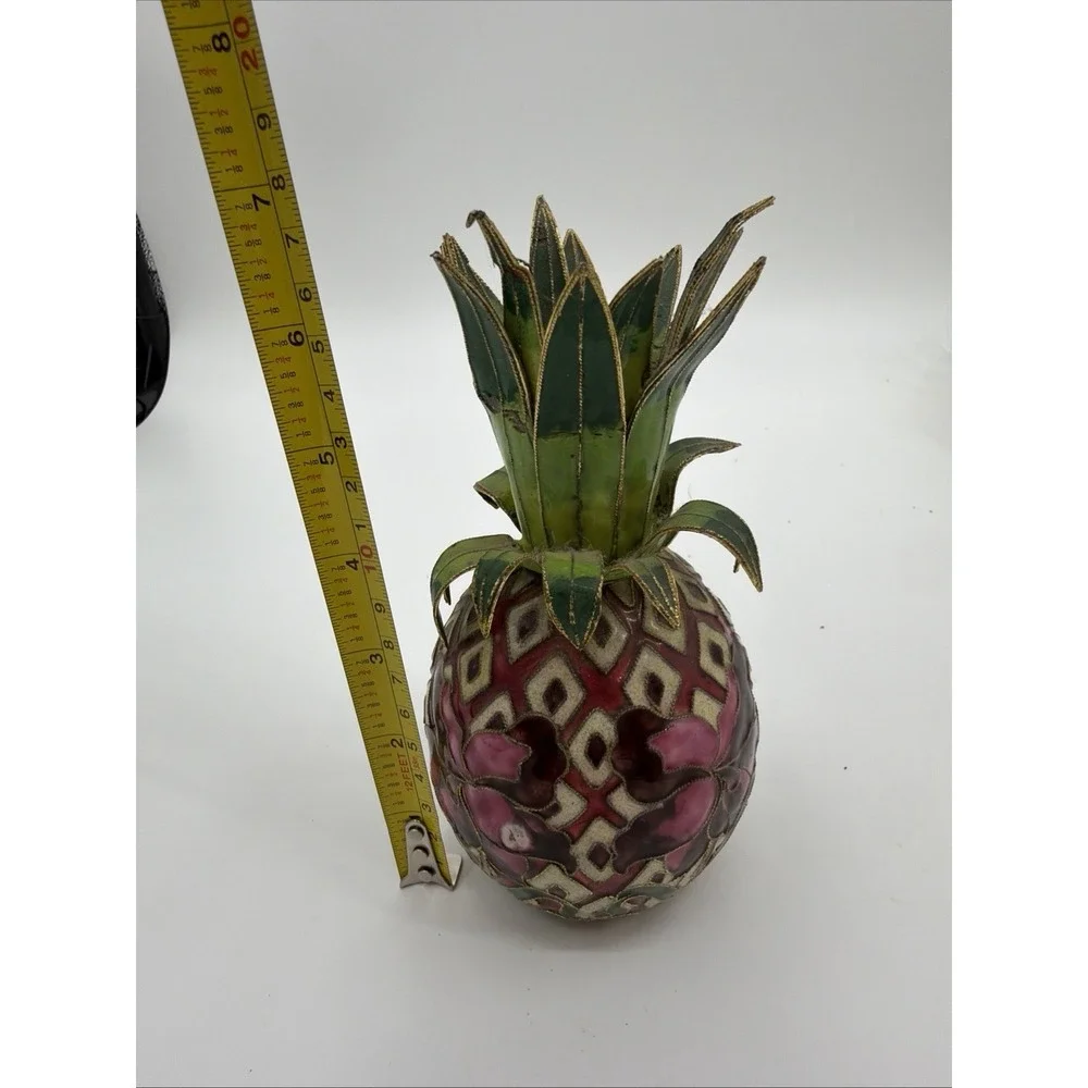 VTG Cloisonné Metal Enamel Pineapple Candle Holder Tropical Decor Purple Iris